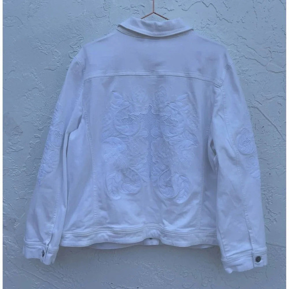Chicos Womens Long Sleeve Floral Embroidery Jean Jacket White Sz 4 - Picture 2 of 12